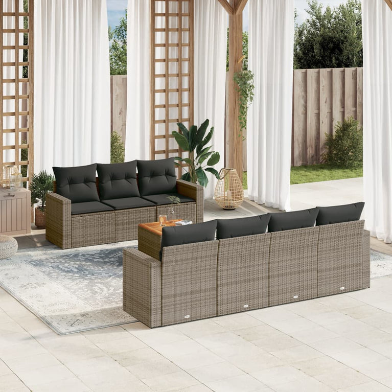 8-delige Loungeset met kussens poly rattan grijs