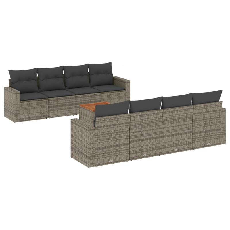9-delige Loungeset met kussens poly rattan grijs