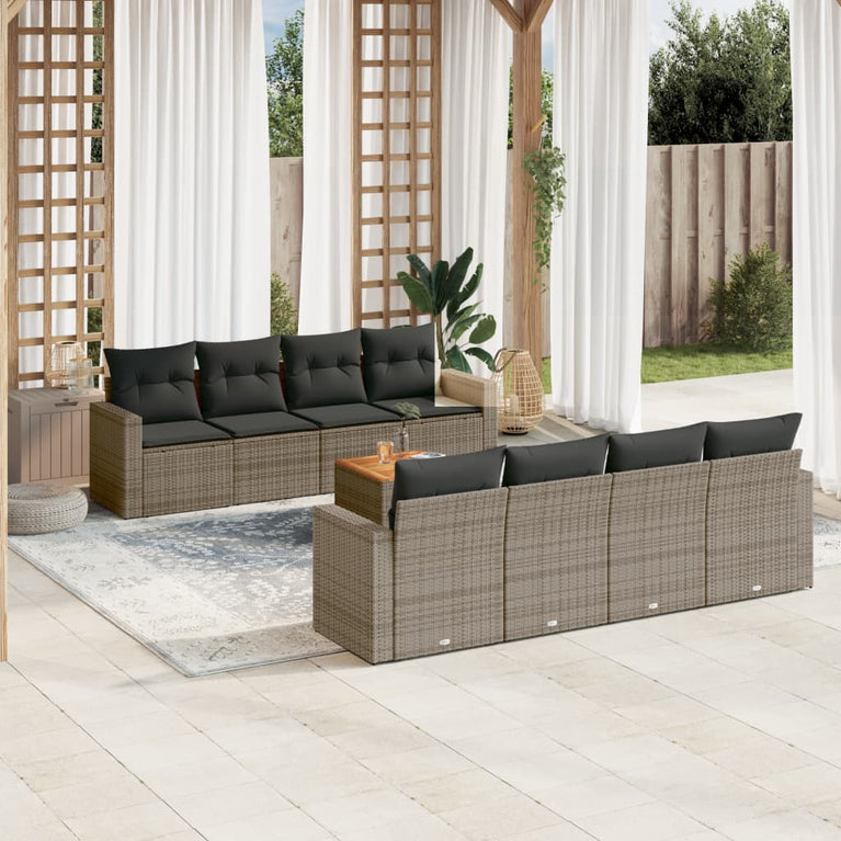 9-delige Loungeset met kussens poly rattan grijs