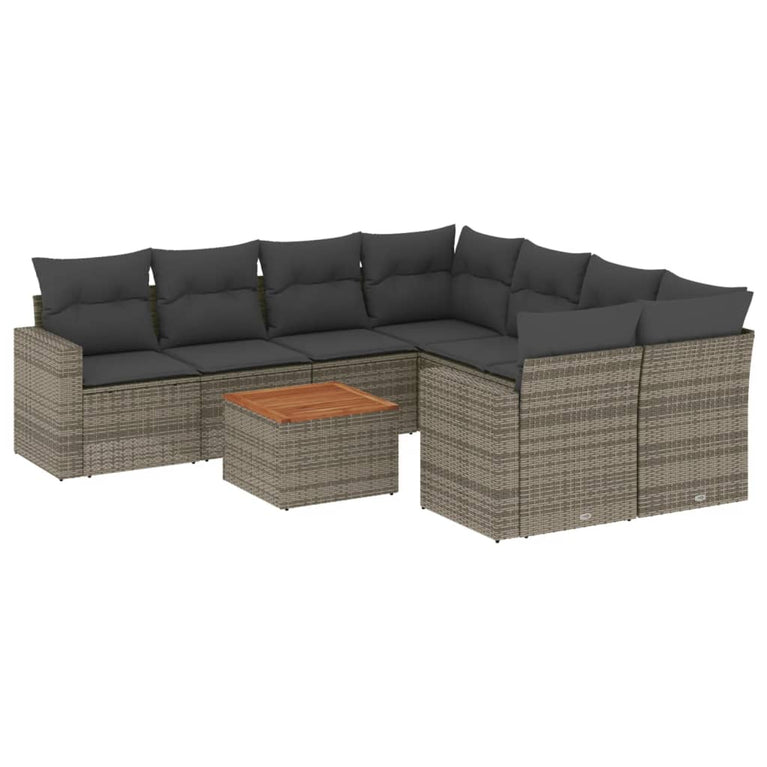9-delige Loungeset met kussens poly rattan grijs