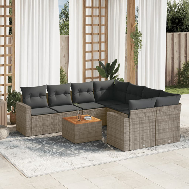 9-delige Loungeset met kussens poly rattan grijs