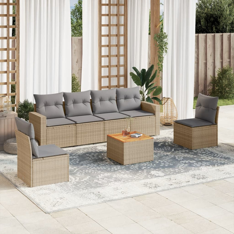 7-delige Loungeset met kussens poly rattan beige