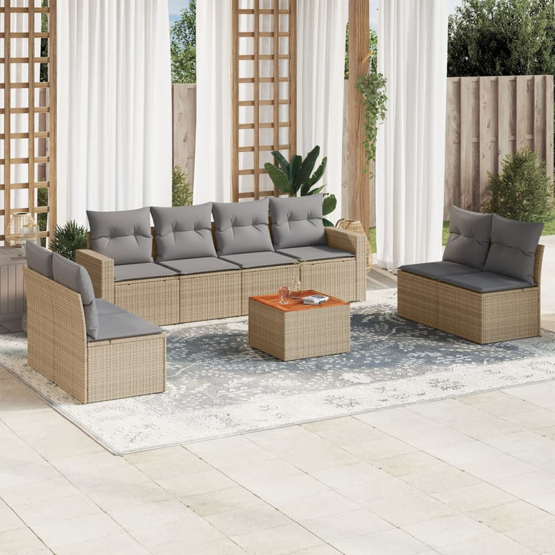 9-delige Loungeset met kussens poly rattan beige