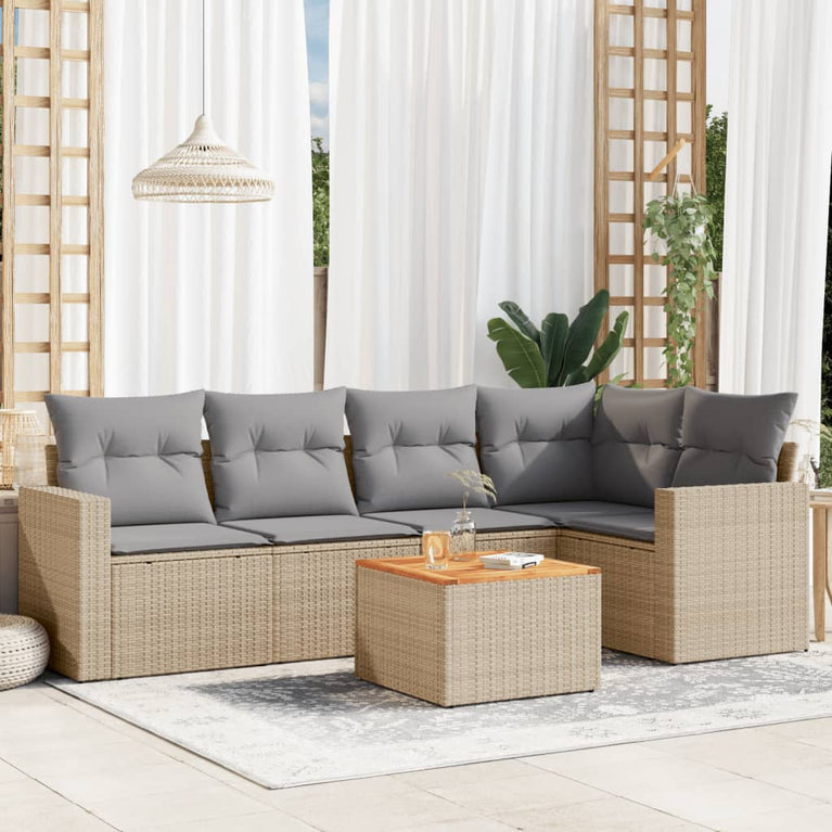 6-delige Loungeset met kussens poly rattan beige