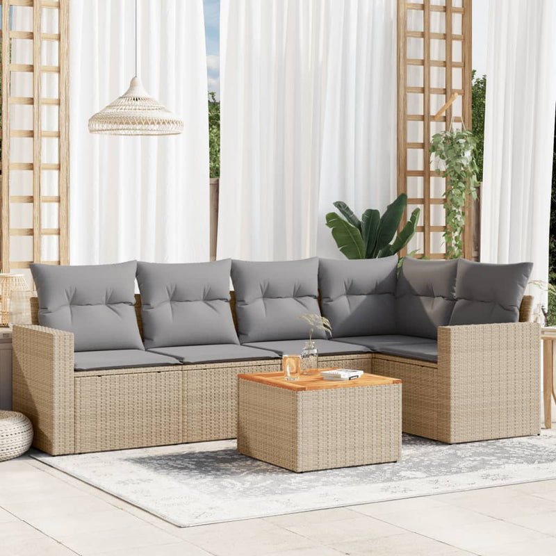 6-delige Loungeset met kussens poly rattan beige