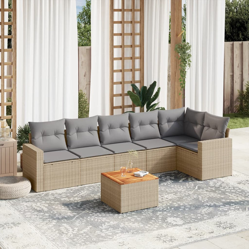 7-delige Loungeset met kussens poly rattan beige