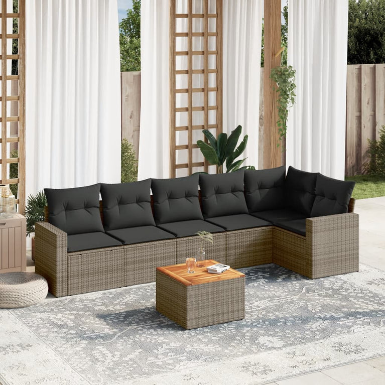 7-delige Loungeset met kussens poly rattan grijs