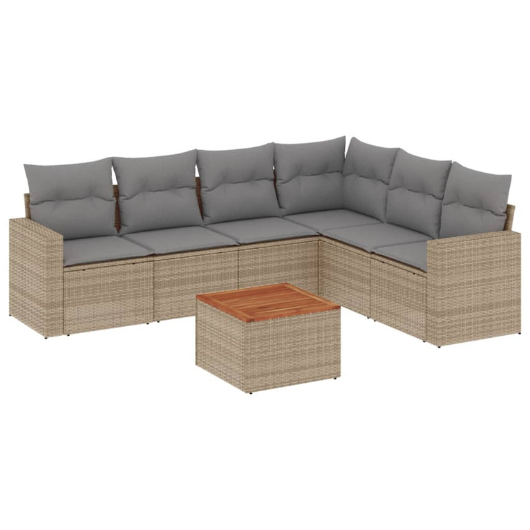 7-delige Loungeset met kussens poly rattan beige