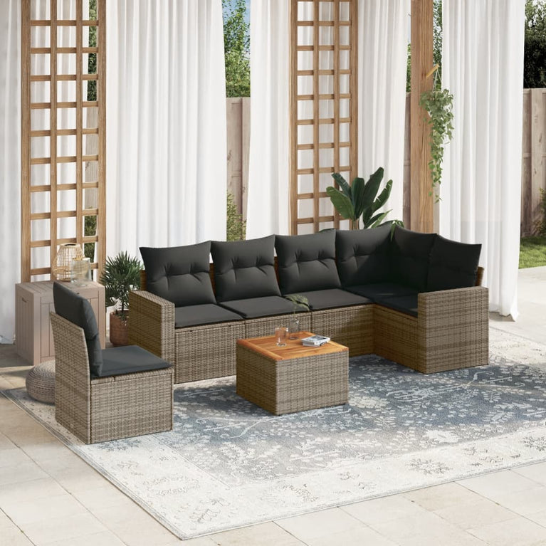 7-delige Loungeset met kussens poly rattan grijs