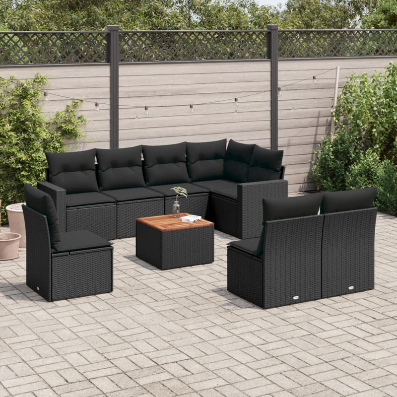 9-delige Loungeset met kussens poly rattan zwart