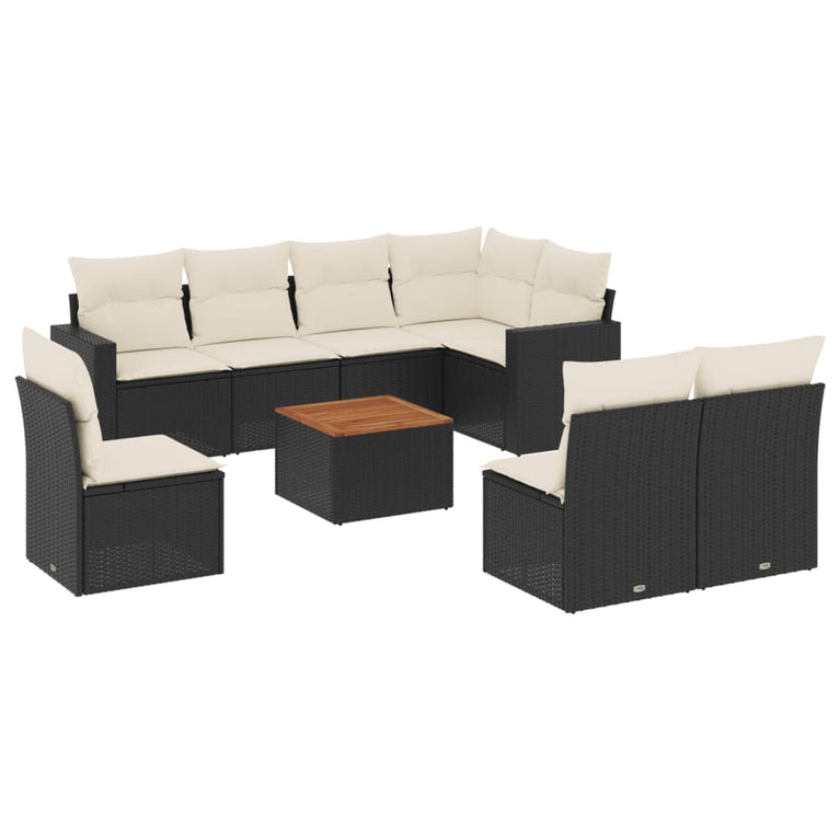 9-delige Loungeset met kussens poly rattan zwart