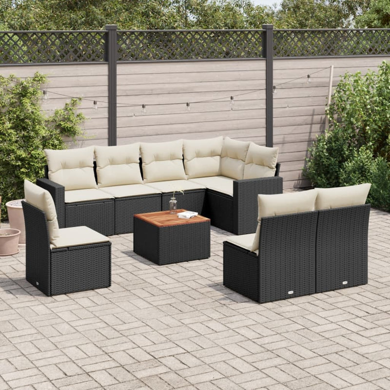 9-delige Loungeset met kussens poly rattan zwart