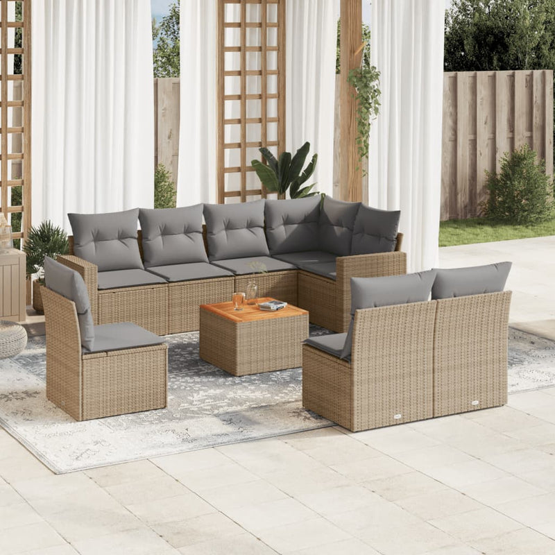 9-delige Loungeset met kussens poly rattan beige