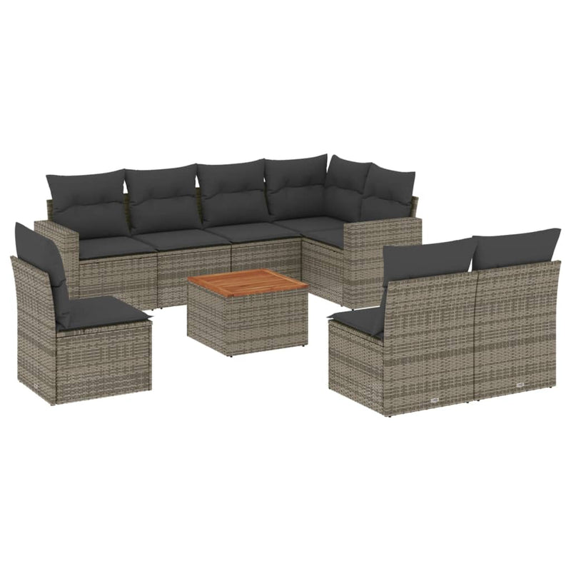 9-delige Loungeset met kussens poly rattan grijs