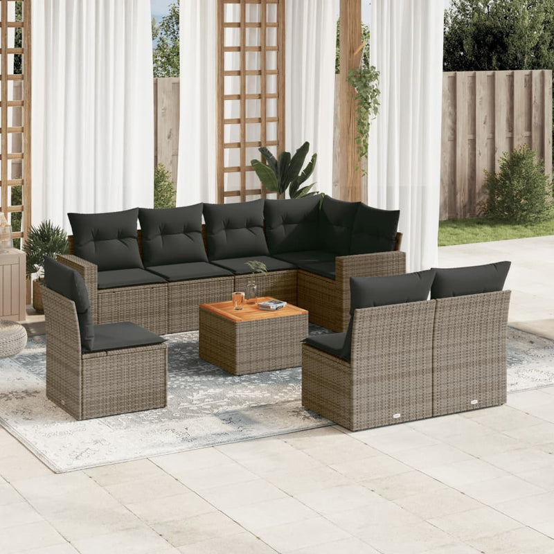 9-delige Loungeset met kussens poly rattan grijs