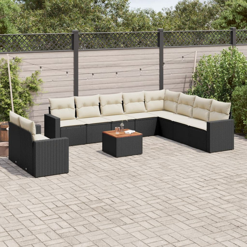 11-delige Loungeset met kussens poly rattan zwart