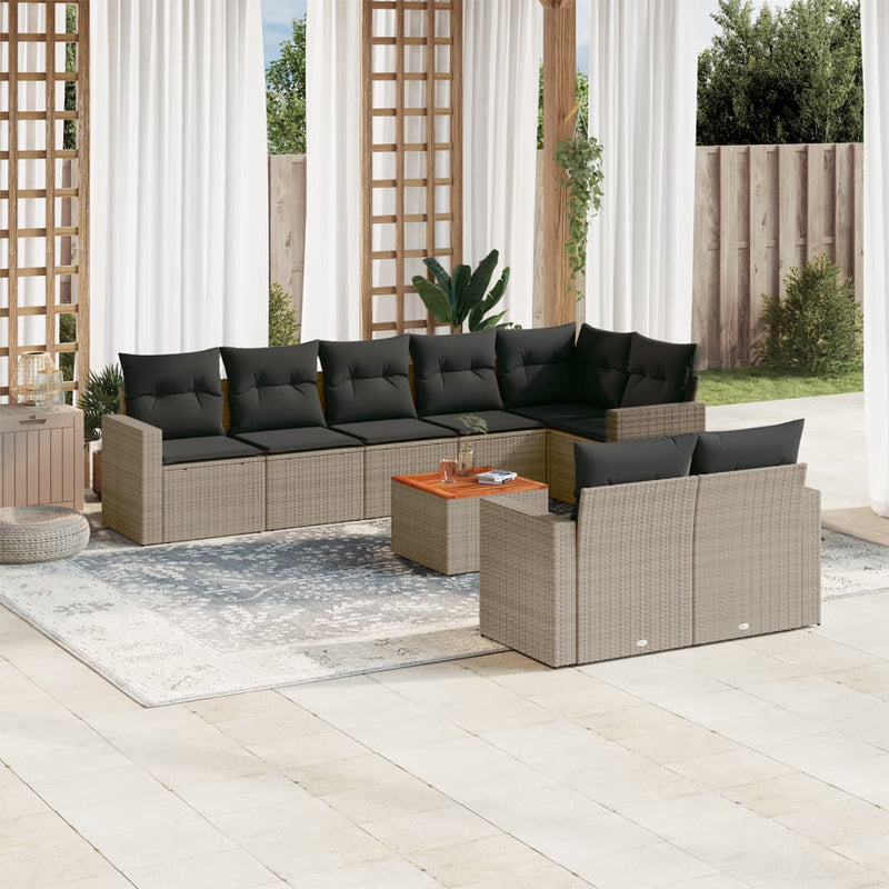 9-delige Loungeset met kussens poly rattan grijs