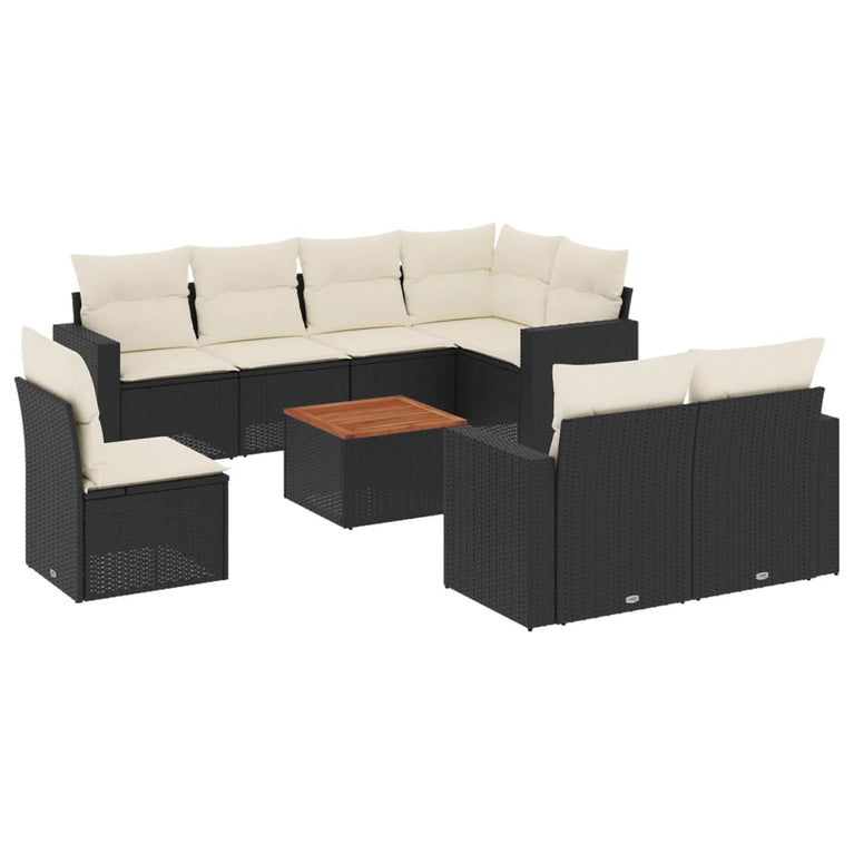 9-delige Loungeset met kussens poly rattan zwart