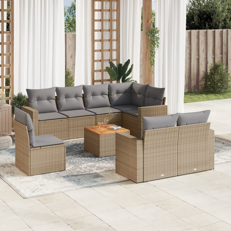 9-delige Loungeset met kussens poly rattan beige
