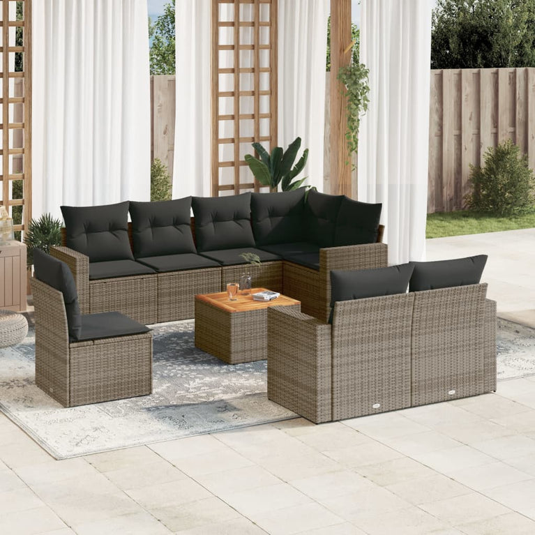 9-delige Loungeset met kussens poly rattan grijs