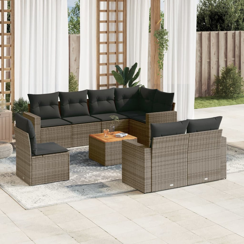 9-delige Loungeset met kussens poly rattan grijs