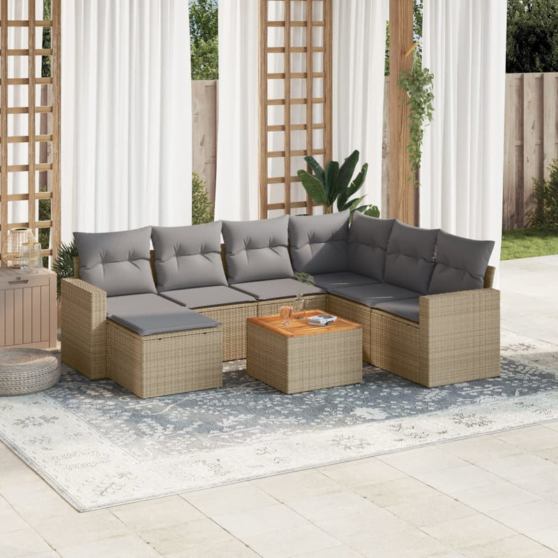 8-delige Loungeset met kussens poly rattan beige