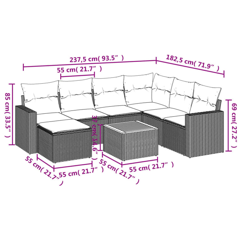 8-delige Loungeset met kussens poly rattan grijs
