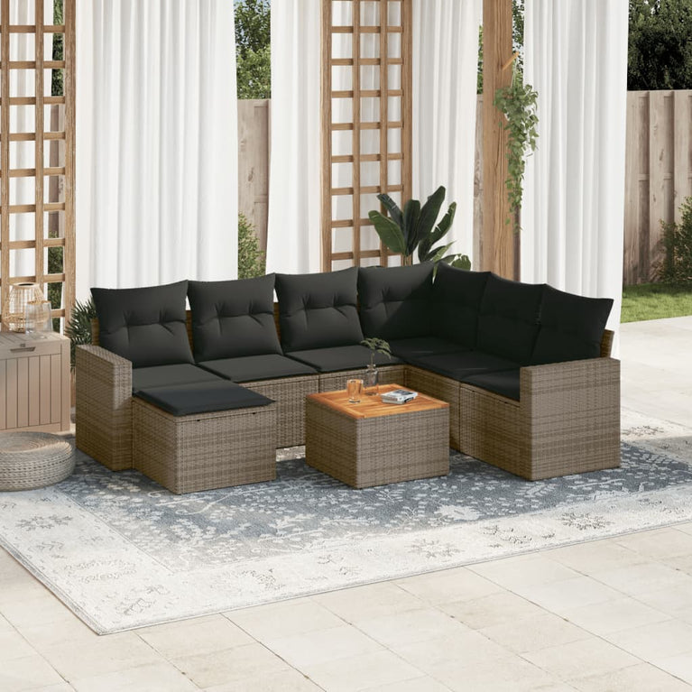 8-delige Loungeset met kussens poly rattan grijs