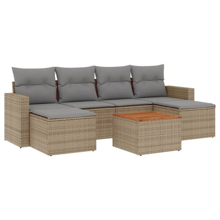 7-delige Loungeset met kussens poly rattan beige