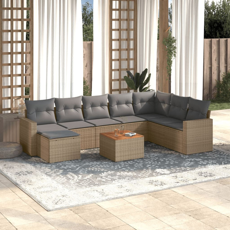 9-delige Loungeset met kussens poly rattan beige
