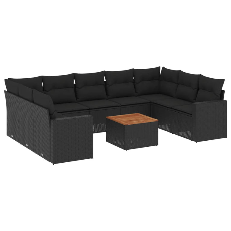 10-delige Loungeset met kussens poly rattan zwart