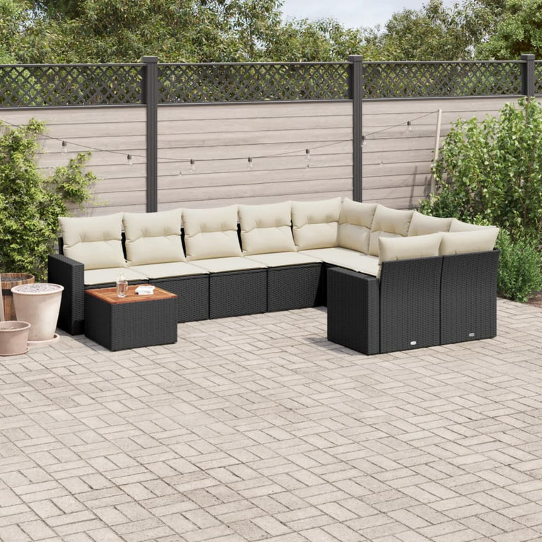 10-delige Loungeset met kussens poly rattan zwart