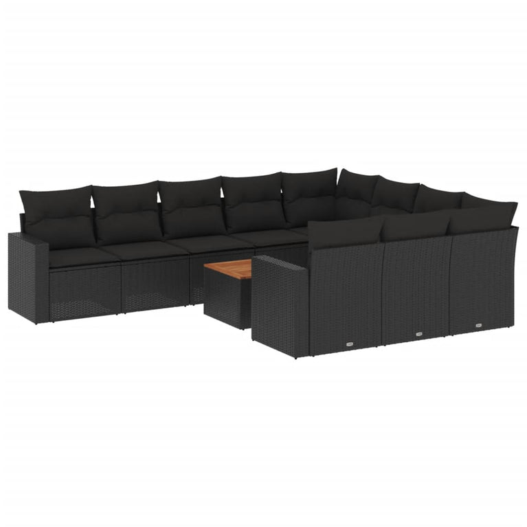 11-delige Loungeset met kussens poly rattan zwart