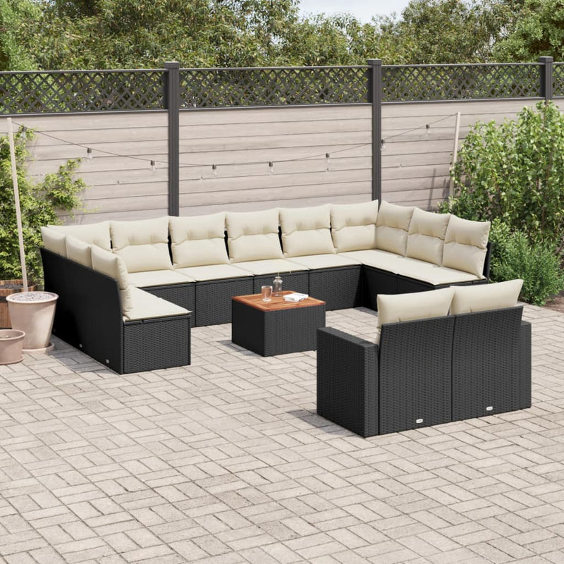 13-delige Loungeset met kussens poly rattan zwart