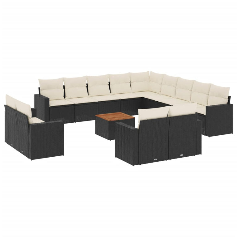 14-delige Loungeset met kussens poly rattan zwart