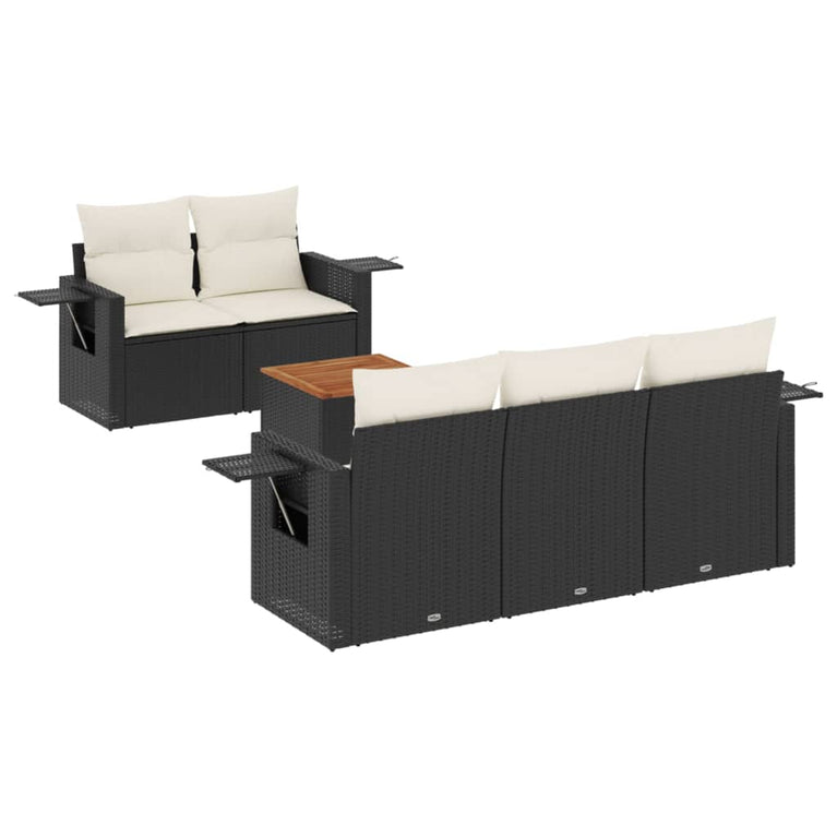 6-delige Loungeset met kussens poly rattan zwart