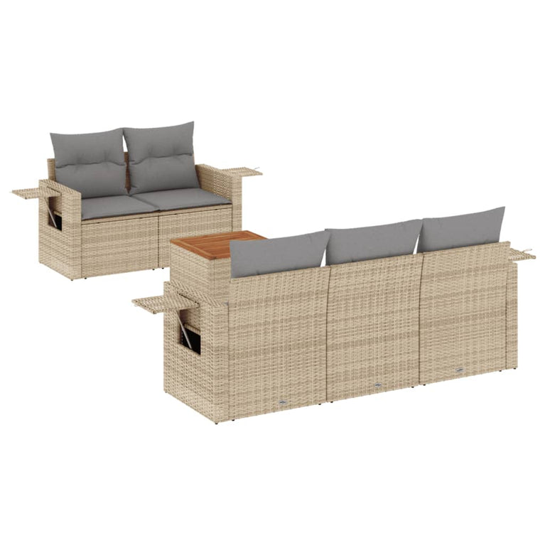 6-delige Loungeset met kussens poly rattan beige
