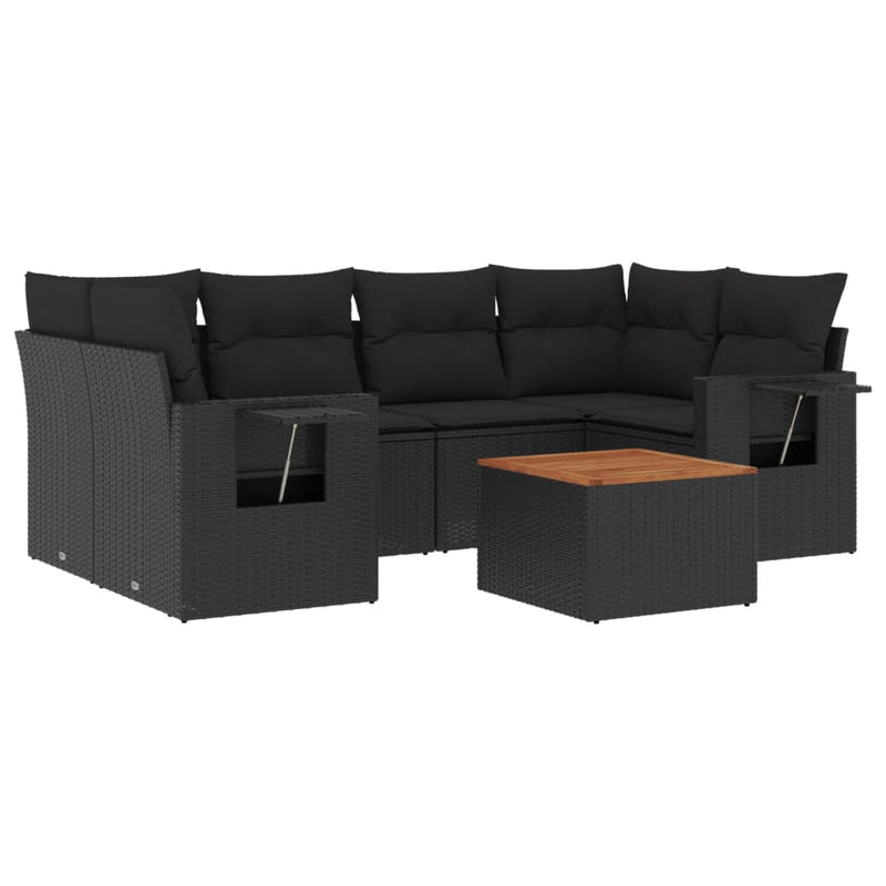 7-delige Loungeset met kussens poly rattan zwart