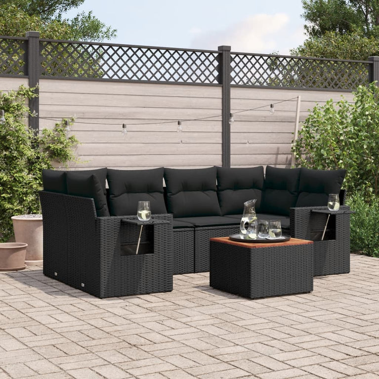 7-delige Loungeset met kussens poly rattan zwart