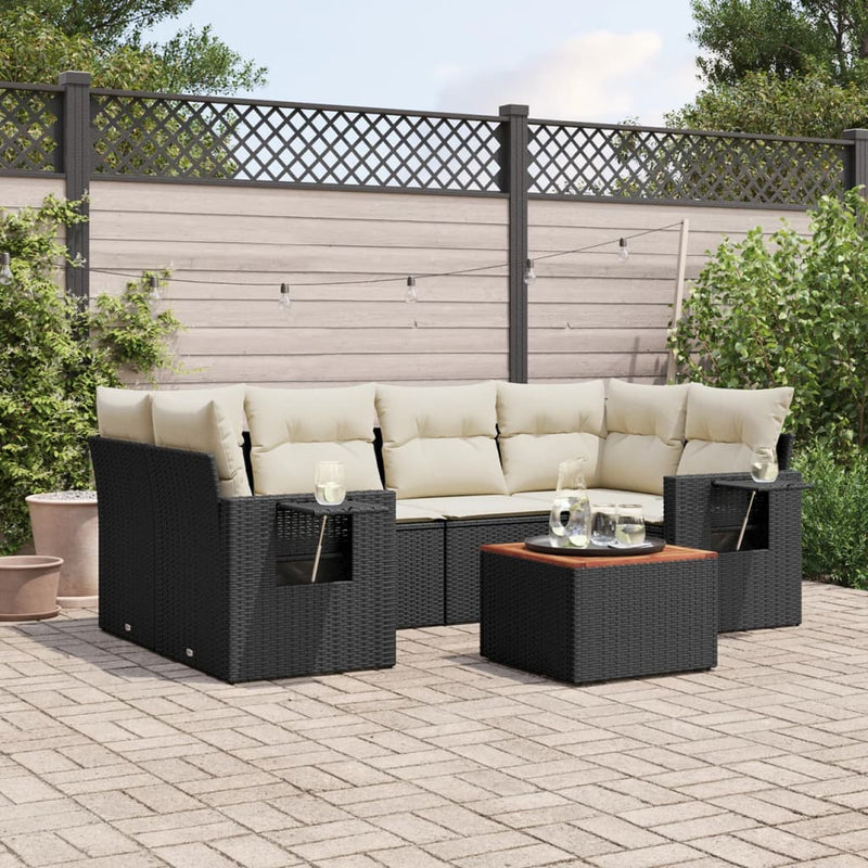 7-delige Loungeset met kussens poly rattan zwart