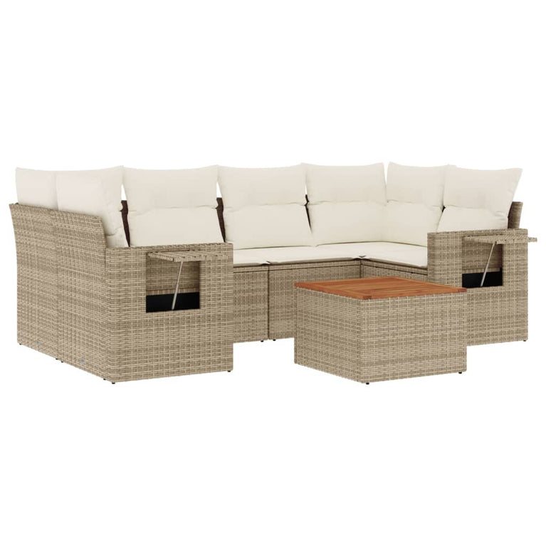 7-delige Loungeset met kussens poly rattan beige