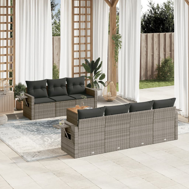 8-delige Loungeset met kussens poly rattan grijs