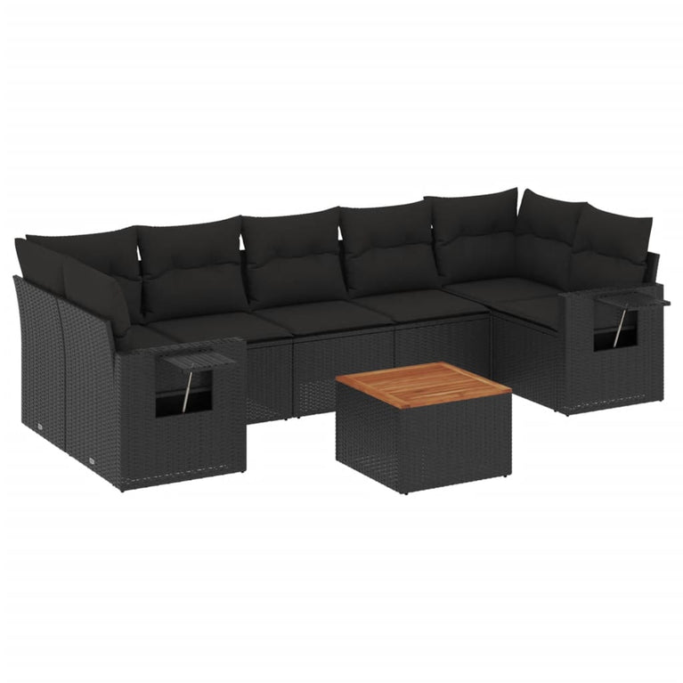 8-delige Loungeset met kussens poly rattan zwart