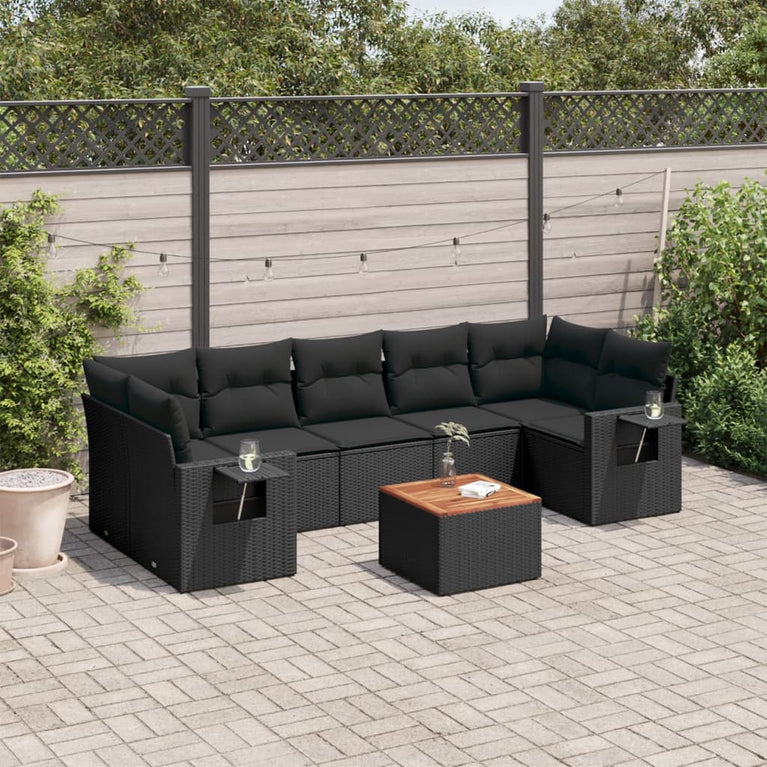 8-delige Loungeset met kussens poly rattan zwart