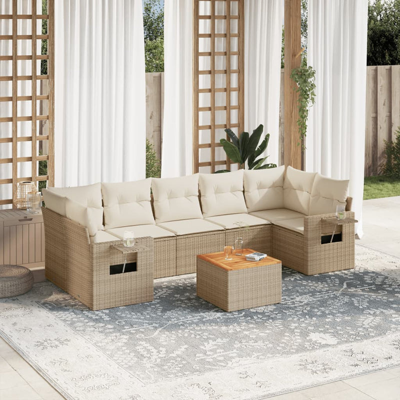 8-delige Loungeset met kussens poly rattan beige