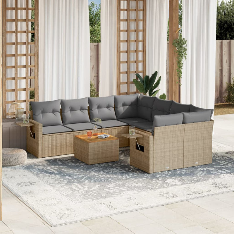 9-delige Loungeset met kussens poly rattan beige