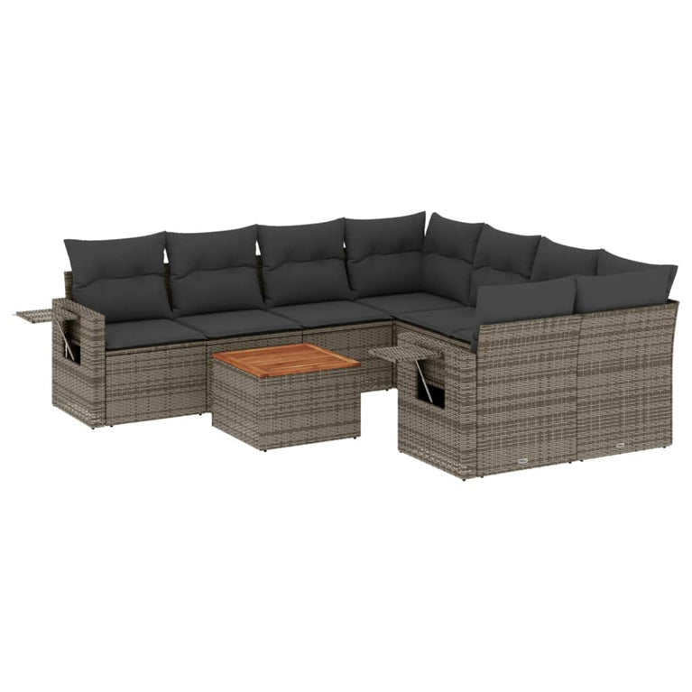 9-delige Loungeset met kussens poly rattan grijs