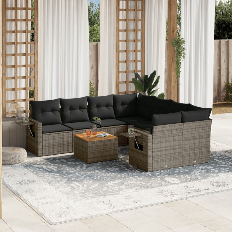 9-delige Loungeset met kussens poly rattan grijs