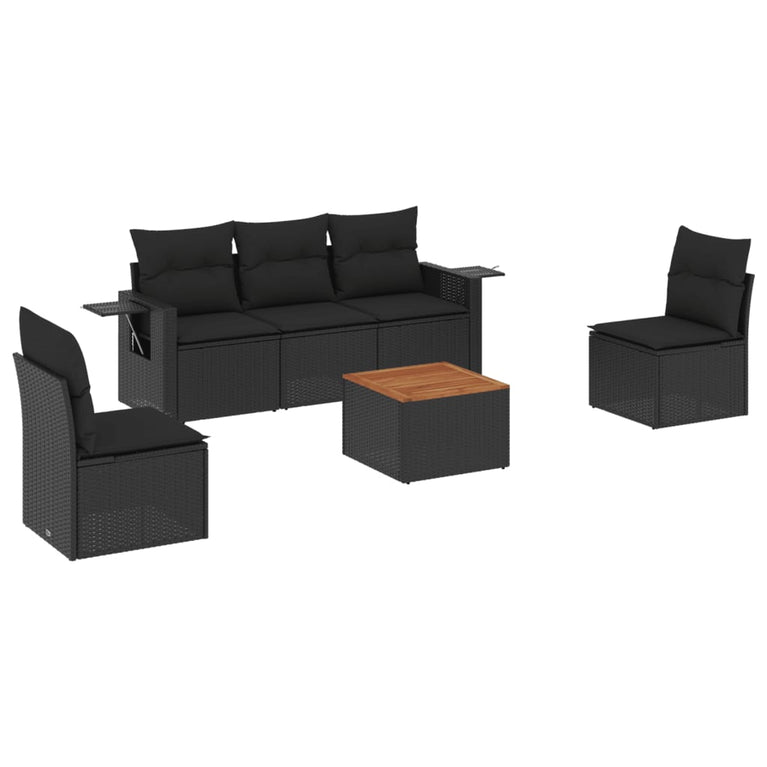 6-delige Loungeset met kussens poly rattan zwart