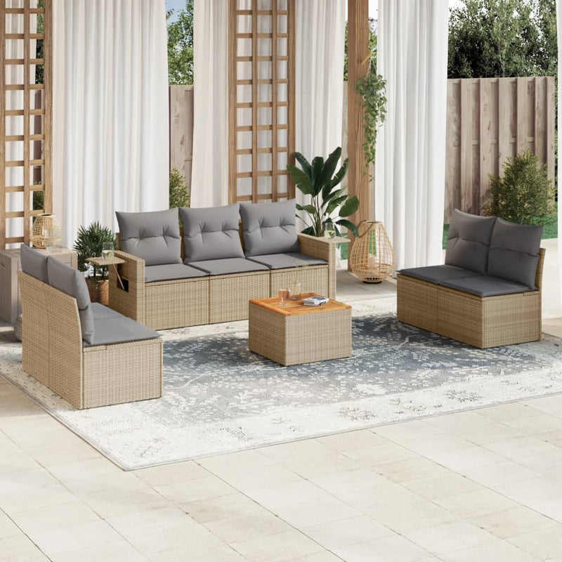 8-delige Loungeset met kussens poly rattan beige